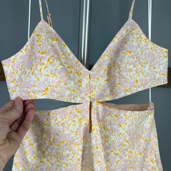 NWT Zara Linen Blend Purple Orange‎ Cream Cut Out Lined Mini Dress Sz L - Picture 3 of 14